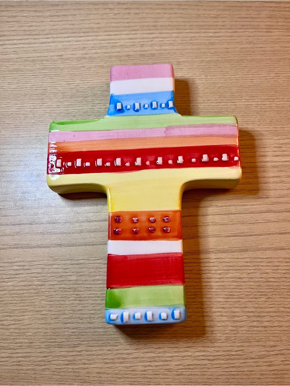 Colorful Ceramic Wall Cross - Baum Bros - Hand Painted Decor 7.5x5.5in